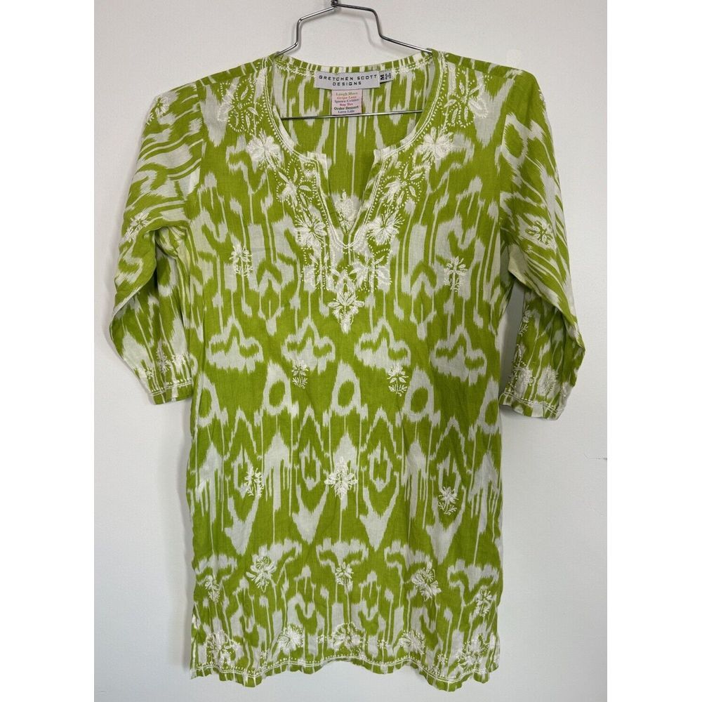 Gretchen Scott Ikat Split Collar Embroidered Shift Dress Cover Up Size M Beachy